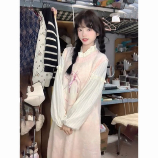 女两件套装 衬衫 甜美可爱少女风粉色小猫背心连衣裙搭配长袖 秋冬季