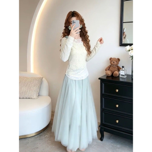 浅绿网纱长裙两件套装 新款 温柔ins少女风穿搭假两件蕾丝拼接上衣