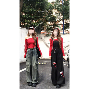 法式甜妹少女感爱心牛仔连体背带裤+露肩红色打底长袖衫两件套装