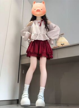 韩系甜美气质蝴蝶结设计波点露肩长袖衬衫+红色蛋糕短裙两件套装