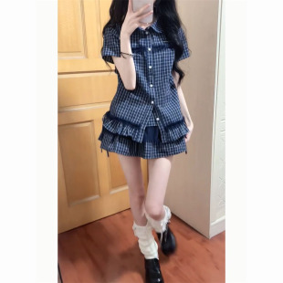 甜美学院风小个子网纱拼接格纹上衣搭配高腰半身短裙两件套装 夏季