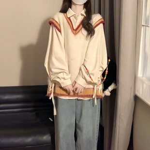 两件套装 秋冬季 杏衬衫 新款 慵懒风软糯拼色针织马甲背心女学生