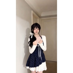 两件套装 防晒针织开衫 薄款 韩系温柔甜妹学院风藏青色碎花连衣裙