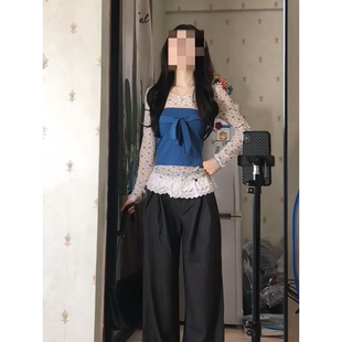 搭配蓝色背心抹胸两件套装 法式 打底衫 修身 温柔辣妹少女感碎花长袖