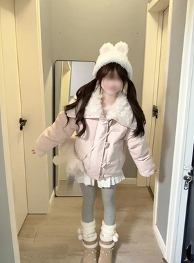 冬季甜美风海军领羊羔毛拼接短款棉服女学生牛角扣粉色棉衣外套