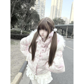 法式 甜美可爱学院风满印雪人毛领连帽棉服女新款 保暖加厚棉衣外套