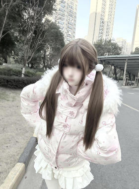 法式甜美可爱学院风满印雪人毛领连帽棉服女新款保暖加厚棉衣外套