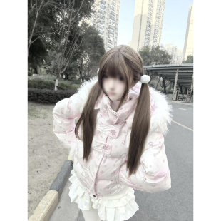 法式 保暖加厚棉衣外套 甜美可爱学院风满印雪人毛领连帽棉服女新款