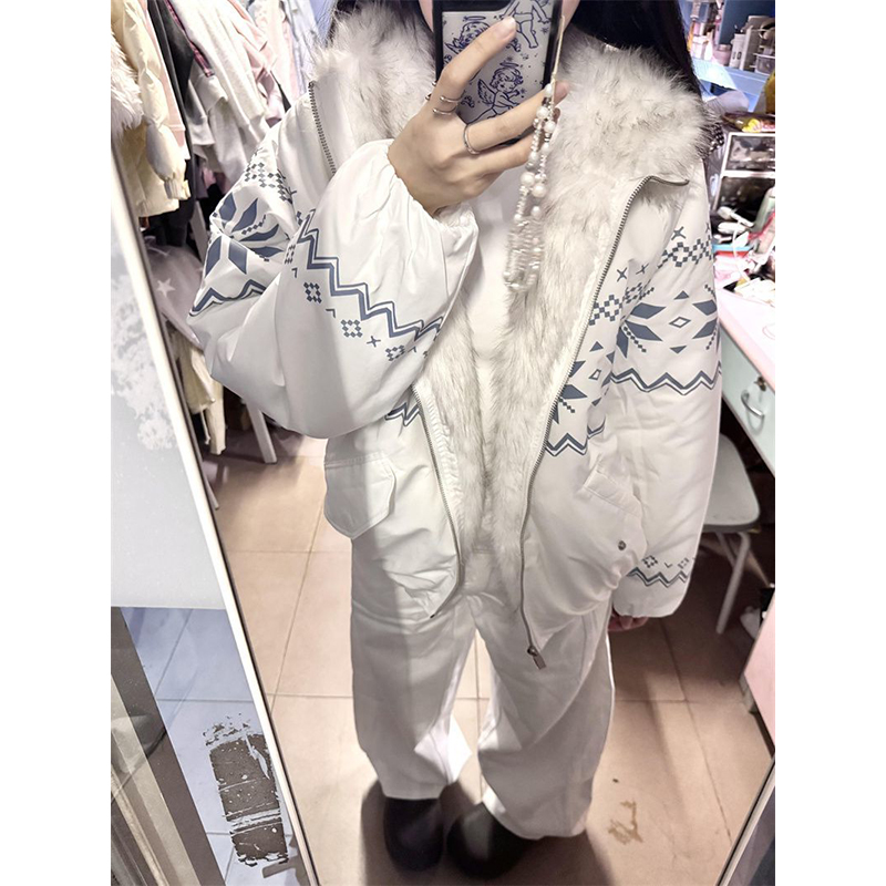 费尔岛毛毛领连帽棉服外套