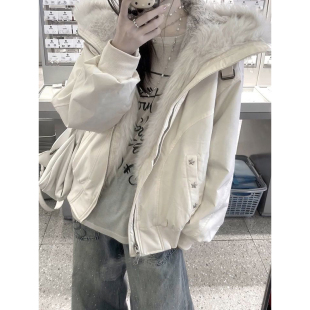 秋冬款 气质杏色毛毛领连帽设计感棉服女学生宽松加厚保暖棉衣外套