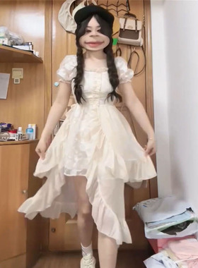 韩系重工前短后长不规则连衣裙女学生夏季收腰显瘦超仙公主摆裙子