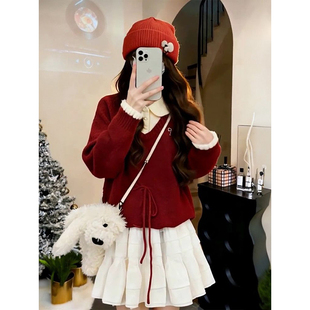 假两件新年红色毛衣两件套装 法式 温柔气质学院风白色蛋糕半身裙