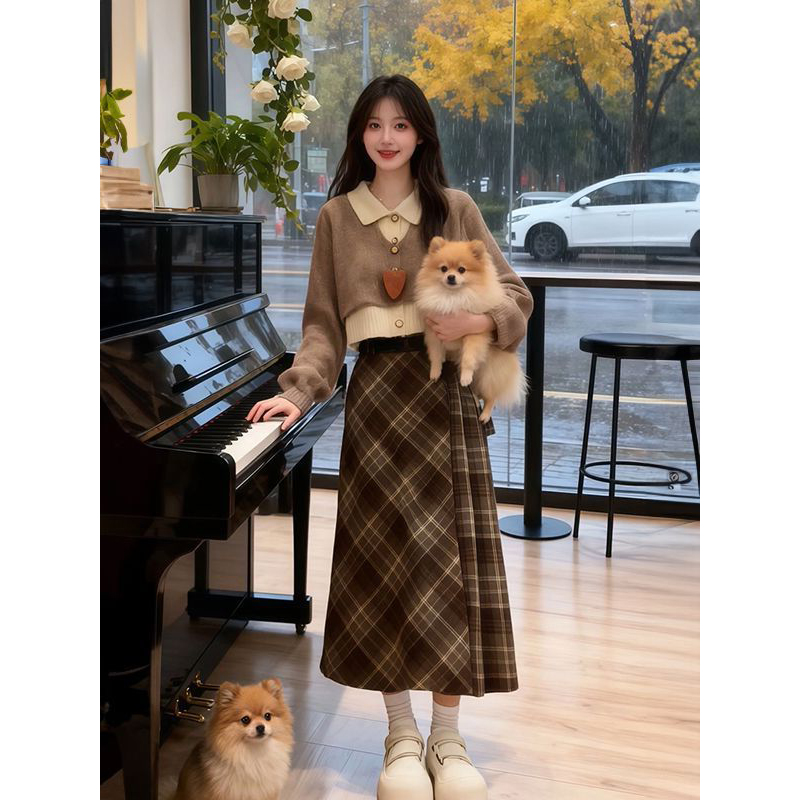 假两件毛衣开衫+格纹半身裙