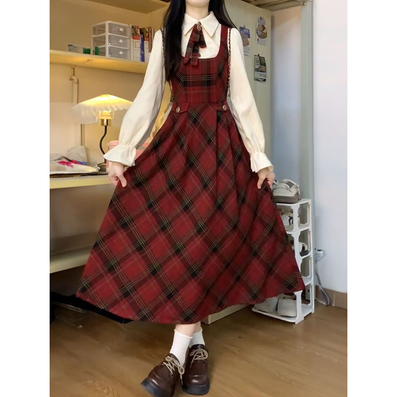 春秋温柔学院风格纹毛呢背带连衣裙+杏色长袖衬衫送领结两件套装,女装/女士精品,时尚套装,淘宝优惠券,粉丝福利购,淘宝优惠卷