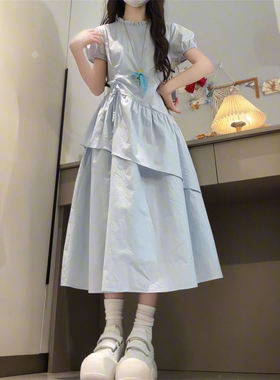 法式温柔淑女学院风蓝色不规则抽绳泡泡袖连衣裙新款收腰a字长裙