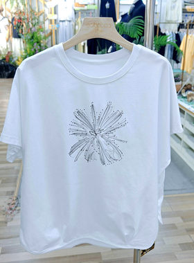 清仓女夏新款261632冰棉短袖T高品质恤烫钻花朵宽松大码显瘦小衫
