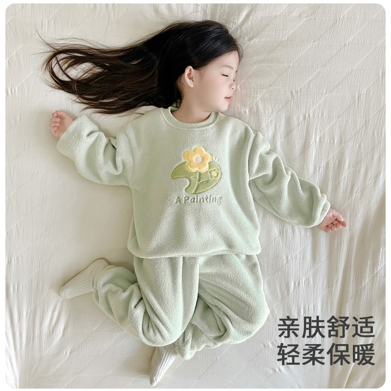 儿童新款家居服女童套装冬款秋季中大童保暖睡衣果粒绒男童绒衣