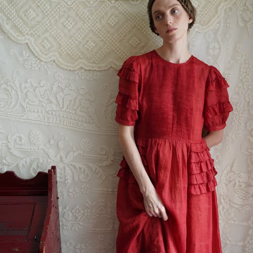 84折【Unlogical Poem】法式复古文艺苎麻荷叶花边长款收腰连衣裙