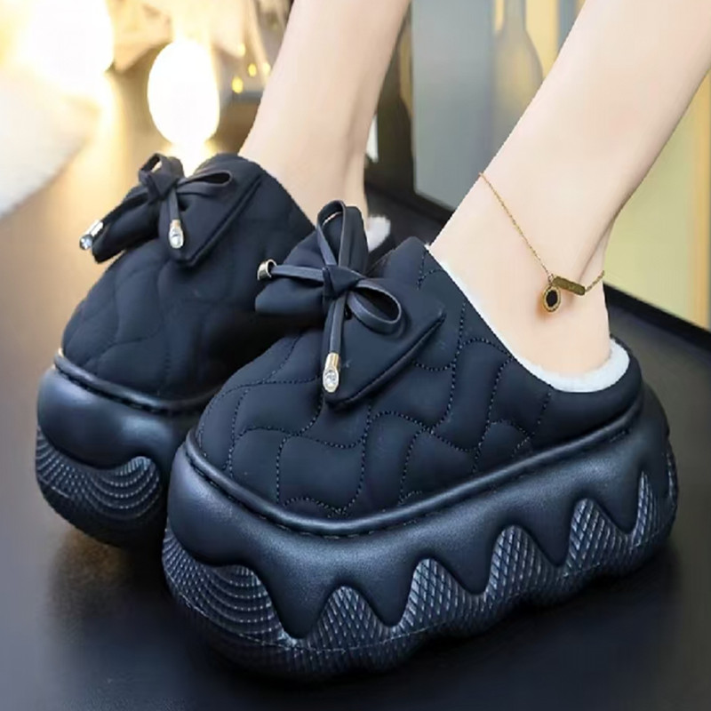 冬天可爱蝴蝶结厚底保暖棉拖鞋女