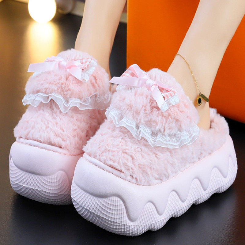 棉拖鞋女冬时尚蝴蝶结居家毛绒高跟棉拖防滑室内保暖月子厚底拖鞋