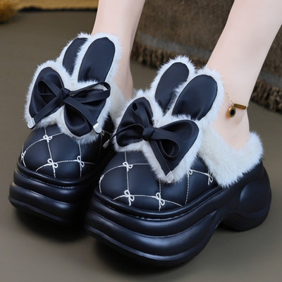 冬季卡通蝴蝶结厚底居家棉拖鞋女