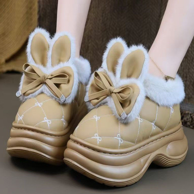 冬季卡通蝴蝶结厚底保暖棉拖鞋女