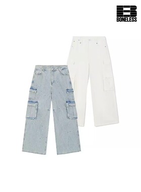 【斑点派对】BONELESS小狗贴纸工装牛仔裤男女宽松直筒高街潮长裤