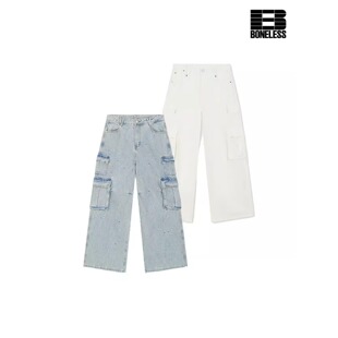 【斑点派对】BONELESS小狗贴纸工装牛仔裤男女宽松直筒高街潮长裤