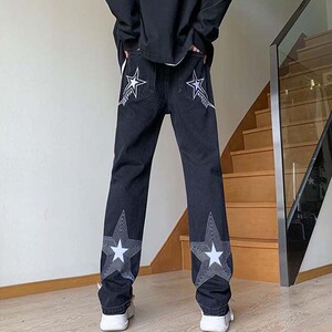 牛仔裤男潮牌2024新款五角星春秋季美式高街直筒宽松阔腿潮流裤子