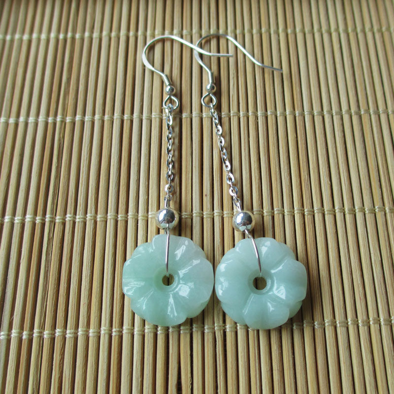 天然翡翠缅甸玉耳环耳坠冰种如意花玉石纯银镶嵌长款女耳饰高级感