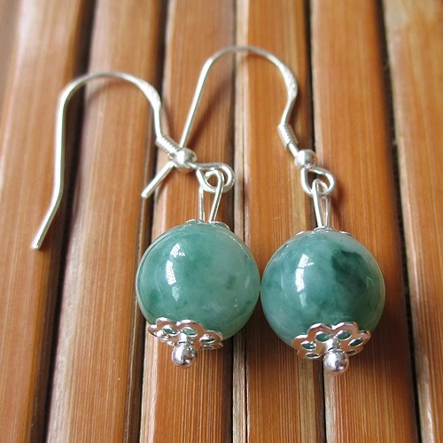 缅甸翡翠耳环玉耳坠天然a货圆珠子玉石925纯银镶嵌女耳饰古风冰种