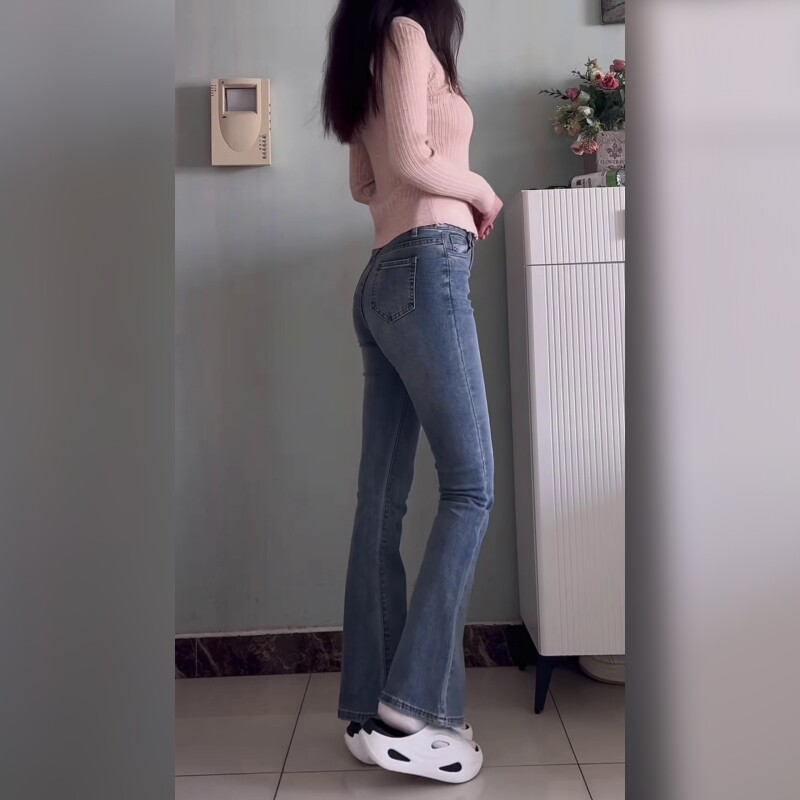高腰微喇牛仔裤女显瘦修身蓝色长裤小个子提臀