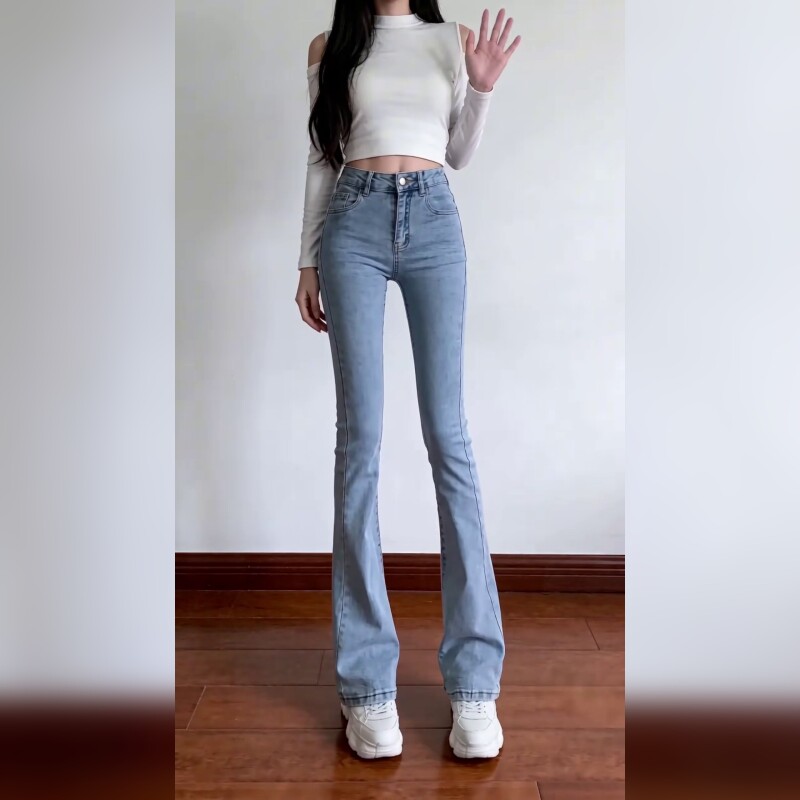 高腰微喇叭牛仔裤女显瘦百搭马蹄裤蓝色长裤潮复古弹力显腿长
