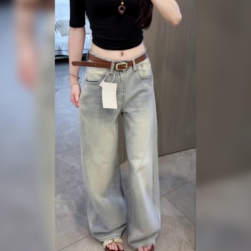 美式复古低腰牛仔裤女夏季宽松直筒拖地裤显瘦