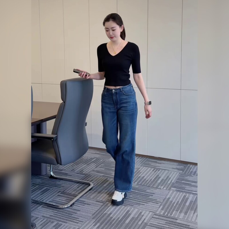 高腰阔腿牛仔裤女蓝色水洗直筒长裤修身显瘦百搭
