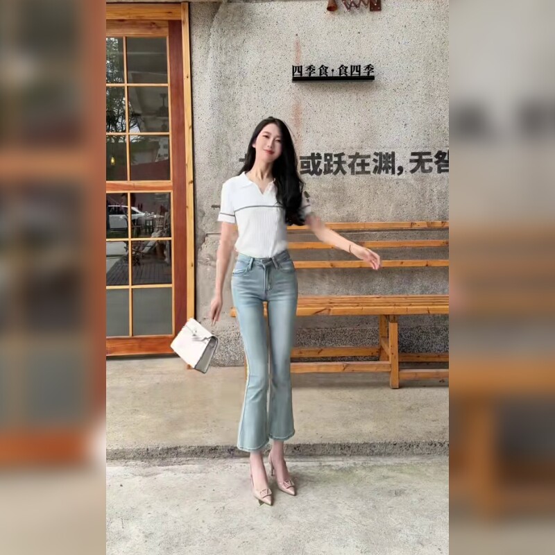 高腰微喇牛仔裤女夏季九分浅蓝色显瘦小个子四面弹喇叭裤