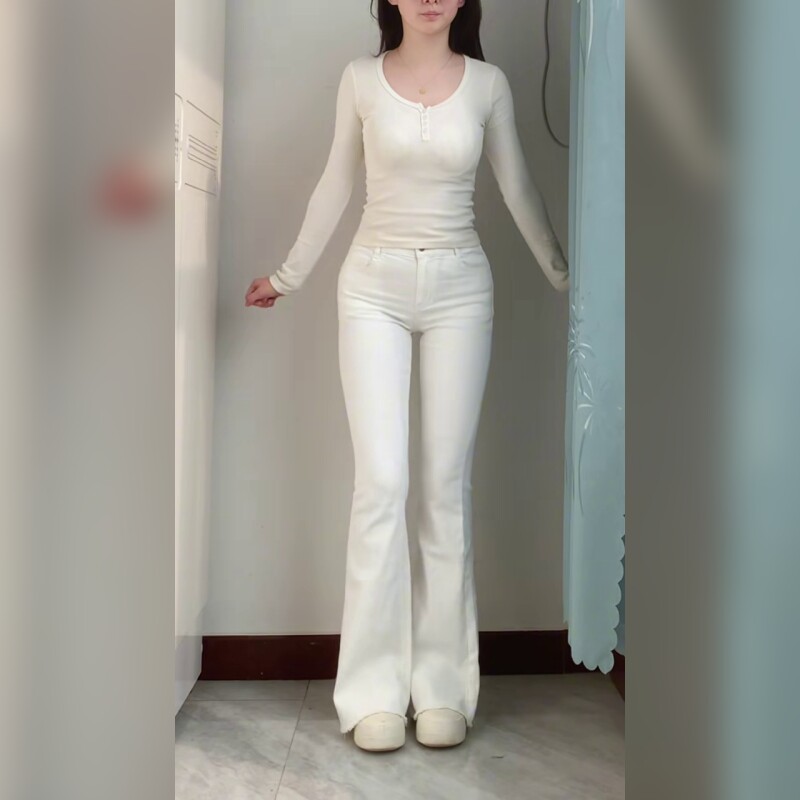 白色高腰微喇牛仔裤女修身显瘦小个子辣妹风长裤2026新款百搭潮