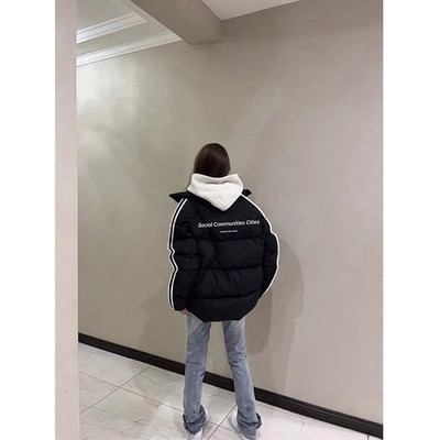 小众三条杠黑色羽绒棉服女