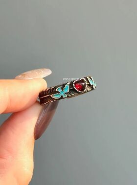 「飞鸟集」vintage中古飞鸟戒指女复古拉丝红色爱心布契风食指戒