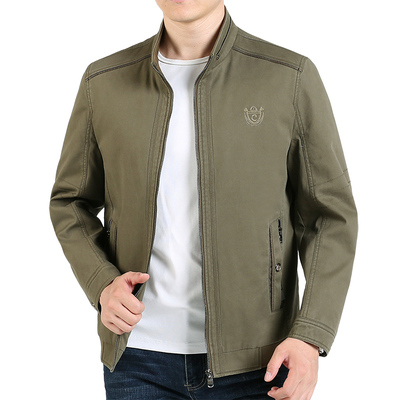 中年男士薄夹克衫纯棉中老年人男装立领外套春秋装休闲上衣爸爸装