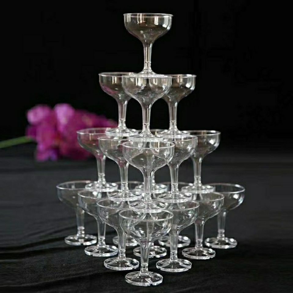 婚庆香槟塔塑料杯带卡槽高脚杯亚克力透明香槟杯酒吧拍照道具婚礼