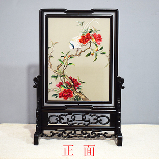 顾氏手工绣双面绣花鸟白鸟栖枝红花映翠现代美学乔迁公司礼品摆件