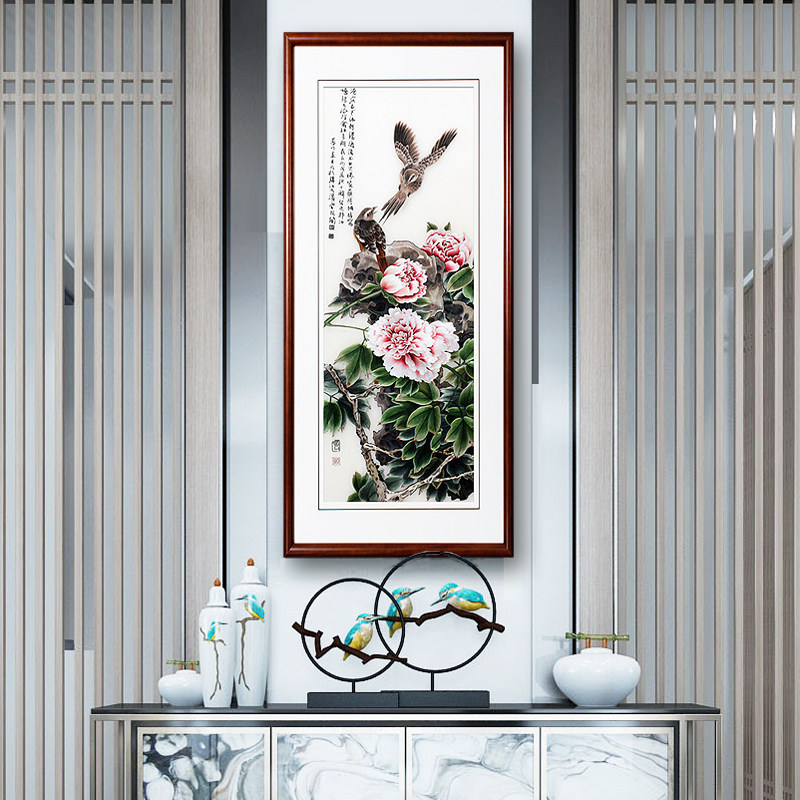 顾氏苏州刺绣牡丹花鸟苏绣成品挂画客厅玄关竖版新中式装饰画花鸟