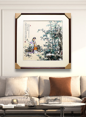 84*84顾氏手工苏绣人物 竹林仕女图 新中式书房走廊刺绣装饰挂画