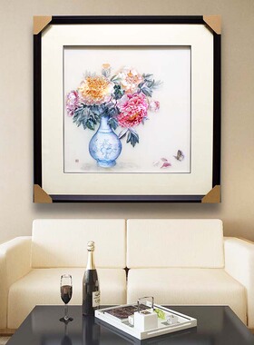 86*86顾氏手工苏州刺绣牡丹花瓶平安富贵餐厅玄关走廊乔迁礼品画