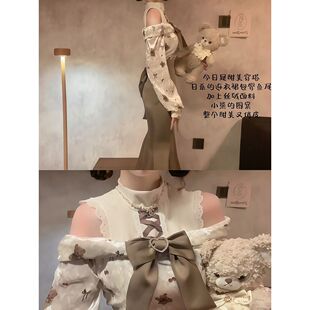 【千金可露丽】小熊拼接露肩蝴蝶结连衣裙甜美漫系少女清楚系裙子