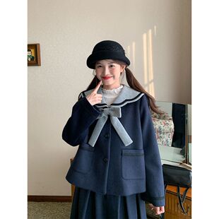 甜美可爱小个子学院风藏青色撞色拼接海军领外套+半身裙两件套女