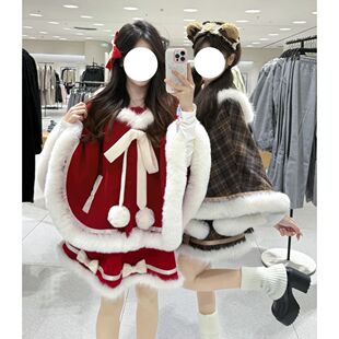 绒绒雪 秋冬可爱甜美毛边连帽斗篷少女纯欲蓬蓬短裙洋装圣诞套装