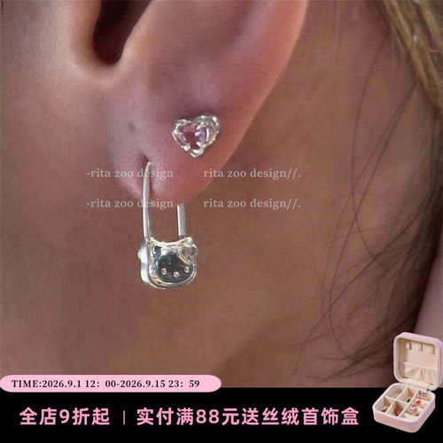 925银可爱小猫别针个性耳环耳钉
