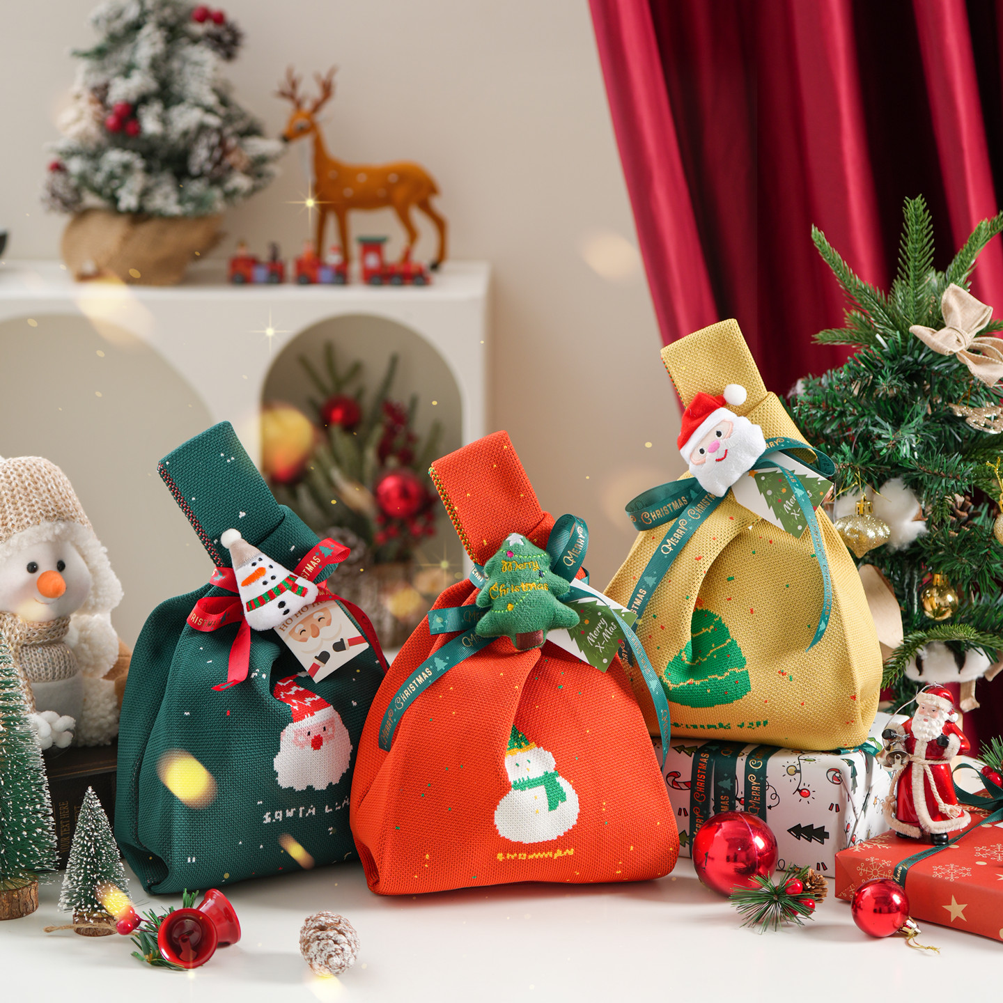 2026新款圣诞节礼物包装袋针织手提袋平安夜苹果袋糖果零食礼品袋
